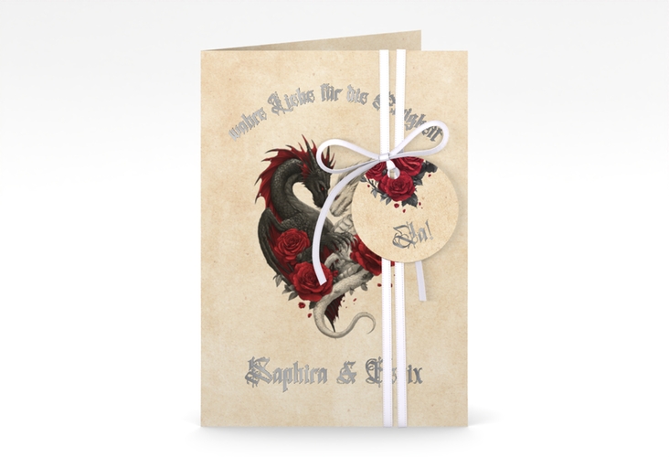 Einladungskarte Hochzeit Drachenliebe A6 Klappkarte hoch silber mit schwarzem und weißem Drachen zu einem Herz verschlungen