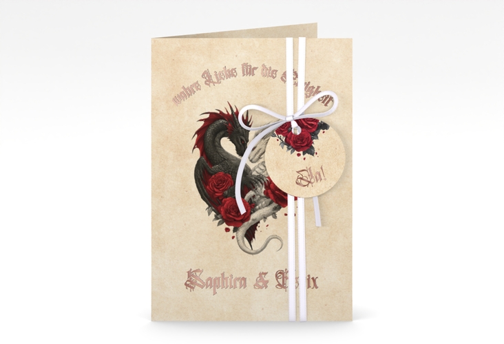 Einladungskarte Hochzeit Drachenliebe A6 Klappkarte hoch rosegold mit schwarzem und weißem Drachen zu einem Herz verschlungen