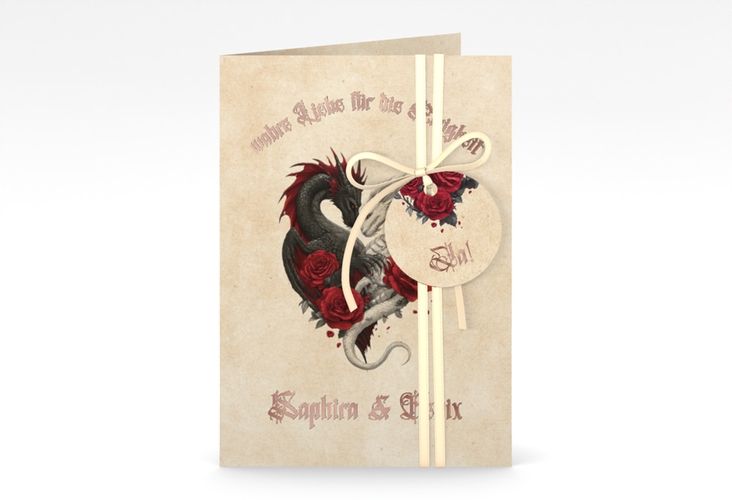 Einladungskarte Hochzeit Drachenliebe A6 Klappkarte hoch rosegold mit schwarzem und weißem Drachen zu einem Herz verschlungen