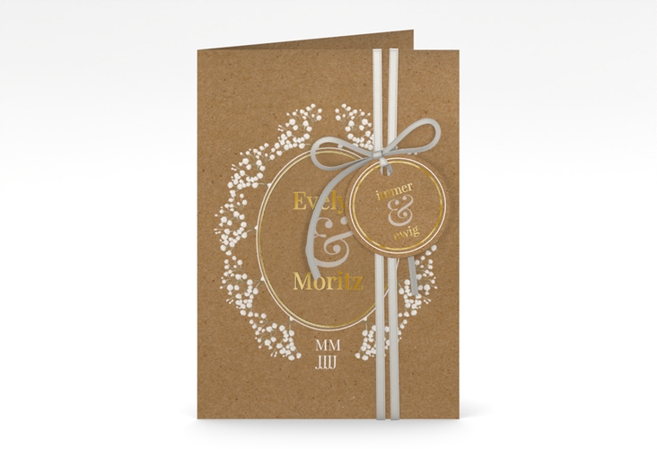 Einladungskarte Hochzeit Gypsophila A6 Klappkarte hoch gold im Vintage-Stil mit Blumenkranz aus Schleierkraut