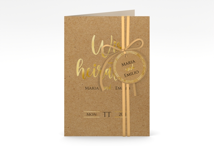 Einladungskarte Hochzeit "Noble" A6 Klappkarte hoch gold mit elegantem Schriftzug