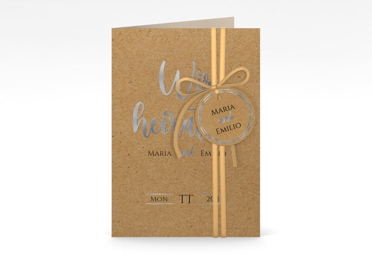 Einladungskarte Hochzeit Noble A6 Klappkarte hoch silber mit elegantem Schriftzug