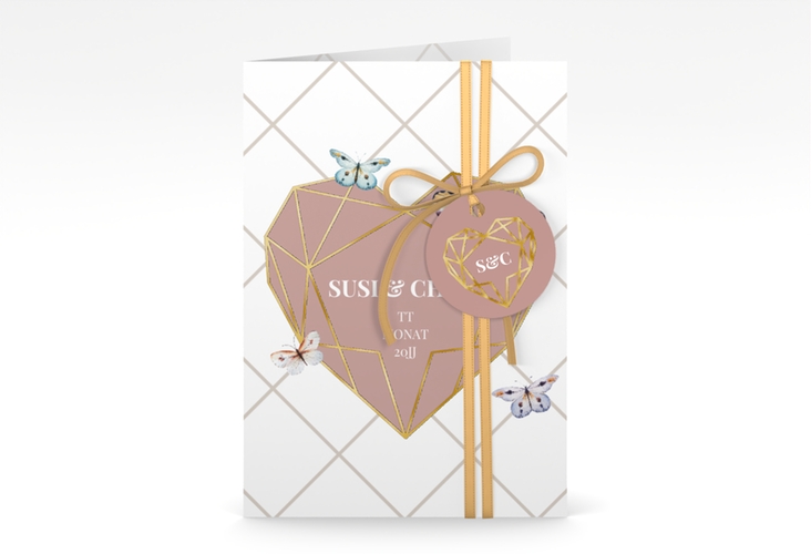 Einladungskarte Hochzeit Butterfly A6 Klappkarte hoch gold mit Schmetterlingen und Herz im Geometric Design
