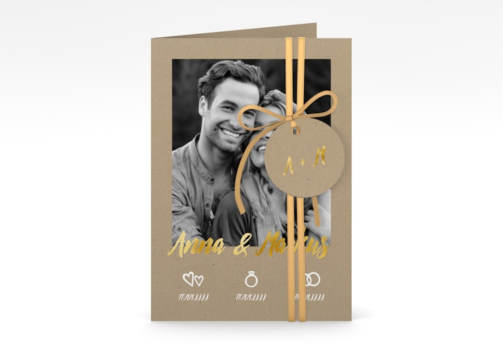 Einladungskarte Hochzeit Icons A6 Klappkarte hoch gold im Kraftpapier-Look mit Foto