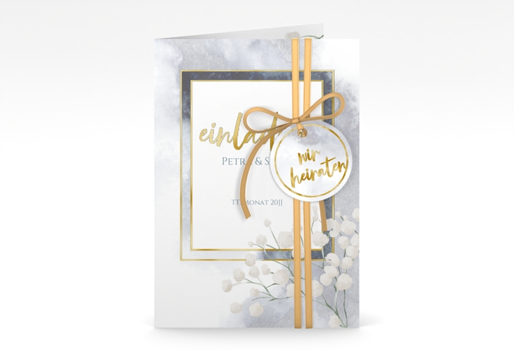Einladungskarte Hochzeit Winter A6 Klappkarte hoch gold mit Schleierkraut