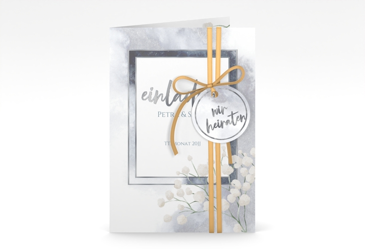 Einladungskarte Hochzeit Winter A6 Klappkarte hoch silber mit Schleierkraut