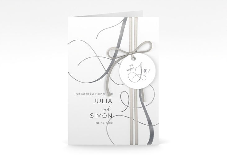 Hochzeitseinladung Eheschließung A6 Klappkarte hoch silber mit Gräsern und Trockenblumen für Boho-Hochzeit