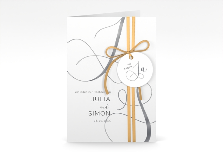 Hochzeitseinladung Eheschließung A6 Klappkarte hoch silber mit Gräsern und Trockenblumen für Boho-Hochzeit