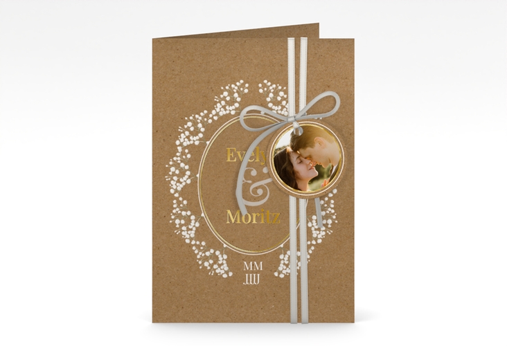Einladungskarte Hochzeit Gypsophila A6 Klappkarte hoch gold im Vintage-Stil mit Blumenkranz aus Schleierkraut
