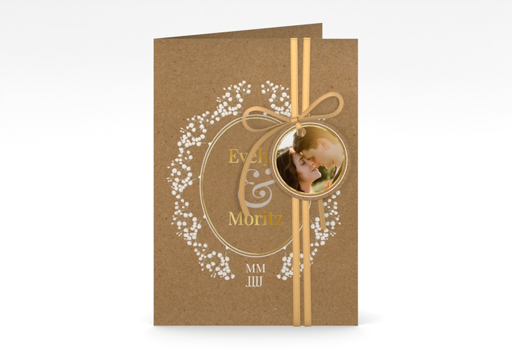Einladungskarte Hochzeit Gypsophila A6 Klappkarte hoch gold im Vintage-Stil mit Blumenkranz aus Schleierkraut