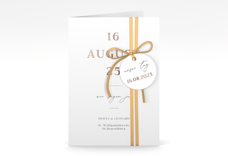 Einladungskarte Hochzeit Authentisch A6 Klappkarte hoch rosegold in schlichtem Design mit großem Hochzeitsdatum