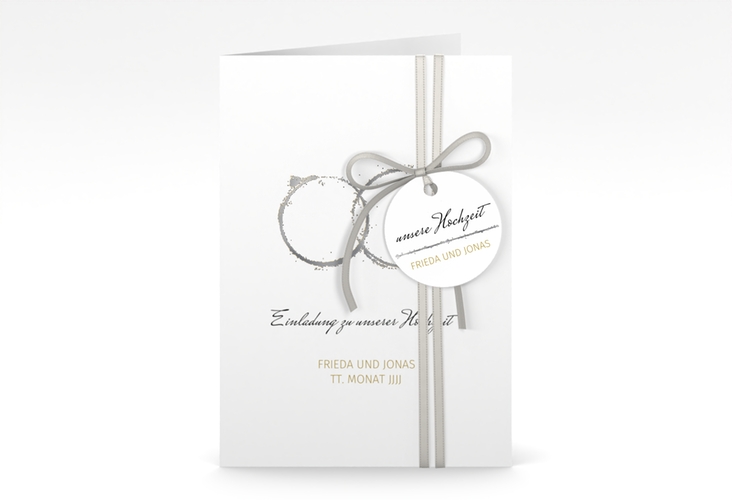 Einladungskarte Hochzeit Trauringe A6 Klappkarte hoch silber minimalistisch gestaltet mit zwei Eheringen