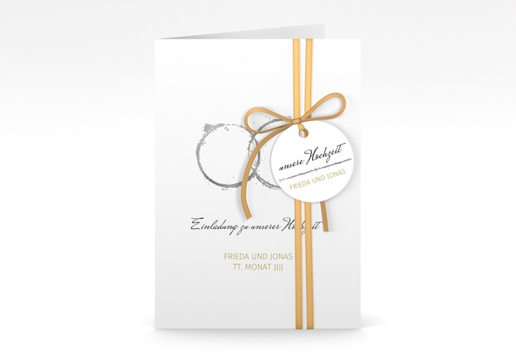 Einladungskarte Hochzeit Trauringe A6 Klappkarte hoch silber minimalistisch gestaltet mit zwei Eheringen