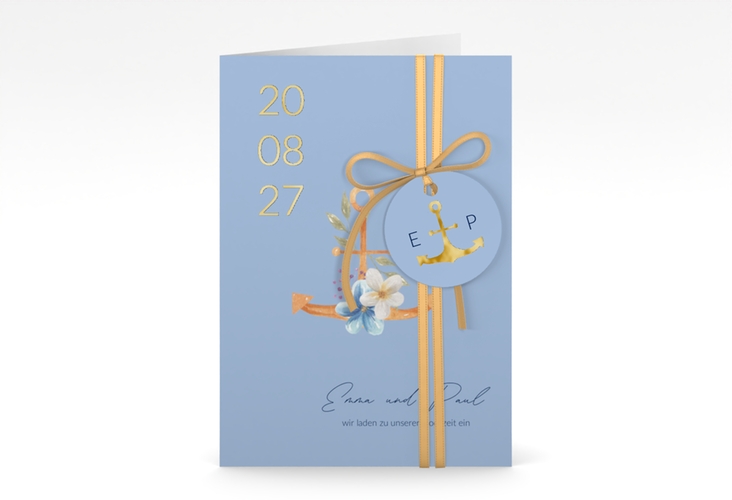 Einladungskarte Hochzeit Anker Floral A6 Klappkarte hoch gold