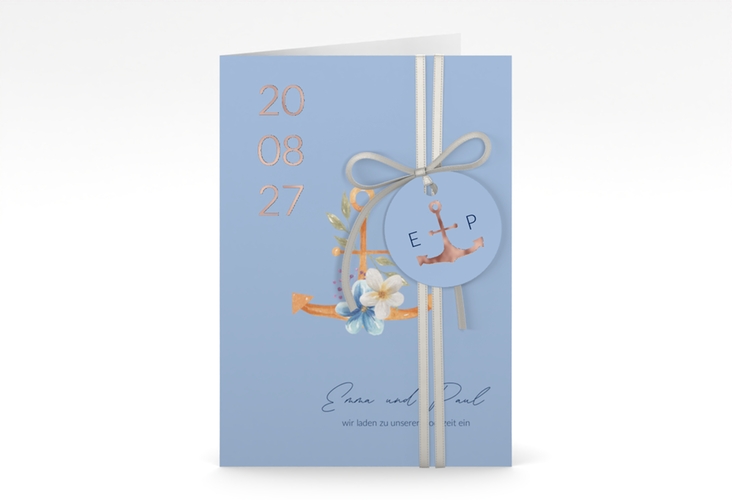 Einladungskarte Hochzeit Anker Floral A6 Klappkarte hoch rosegold