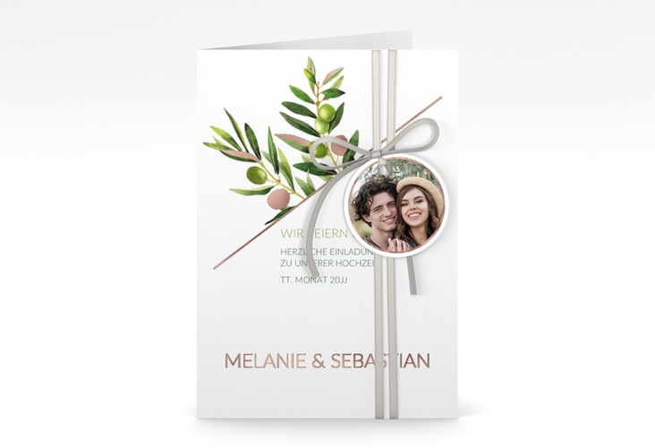 Einladungskarte Hochzeit Olivenzweig A6 Klappkarte hoch rosegold