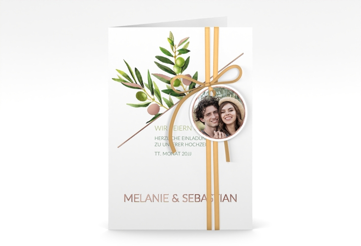 Einladungskarte Hochzeit Olivenzweig A6 Klappkarte hoch rosegold