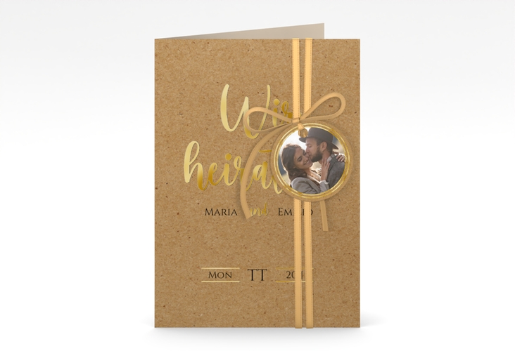 Einladungskarte Hochzeit Noble A6 Klappkarte hoch gold mit elegantem Schriftzug