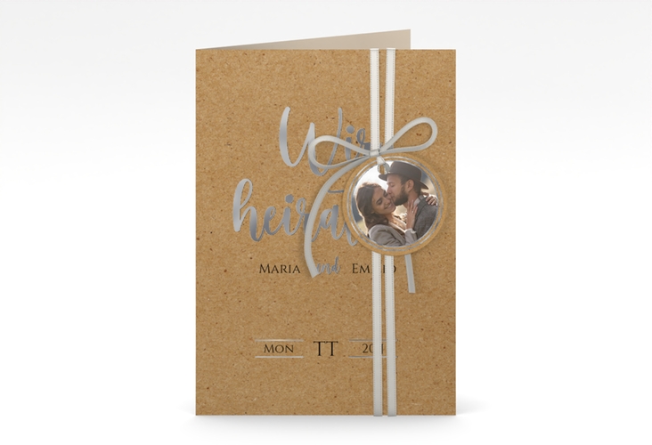 Einladungskarte Hochzeit Noble A6 Klappkarte hoch silber mit elegantem Schriftzug