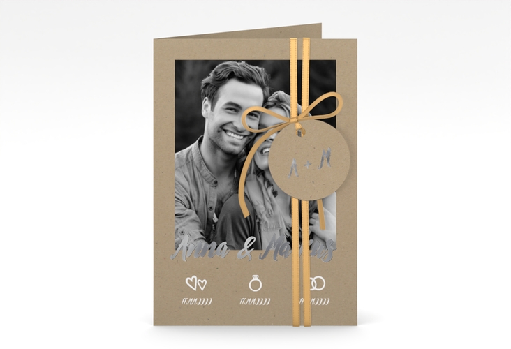 Einladungskarte Hochzeit Icons A6 Klappkarte hoch silber im Kraftpapier-Look mit Foto