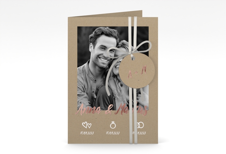 Einladungskarte Hochzeit Icons A6 Klappkarte hoch rosegold im Kraftpapier-Look mit Foto