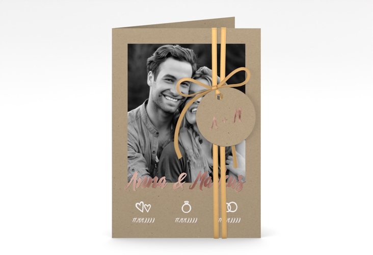 Einladungskarte Hochzeit Icons A6 Klappkarte hoch rosegold im Kraftpapier-Look mit Foto