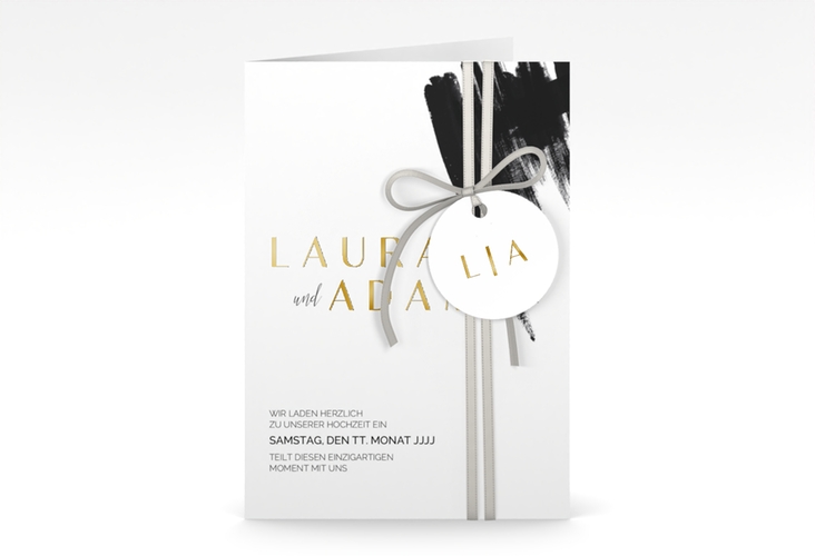 Einladungskarte Hochzeit Brush A6 Klappkarte hoch gold