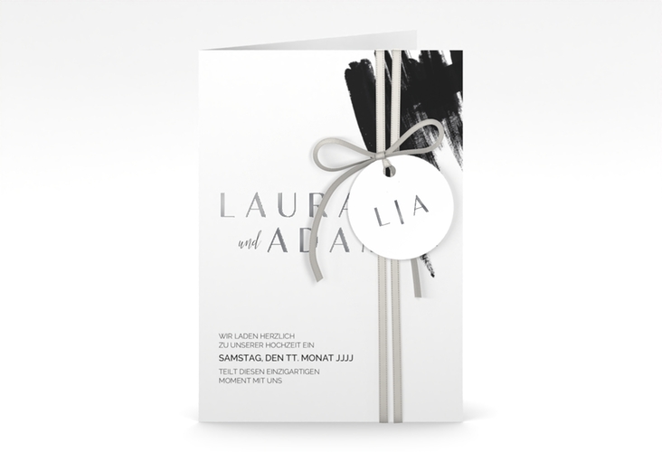 Einladungskarte Hochzeit Brush A6 Klappkarte hoch silber