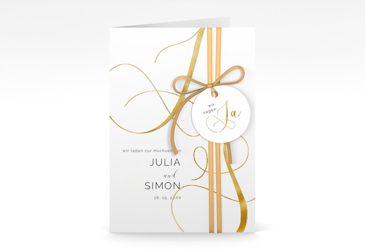 Hochzeitseinladung Eheschließung A6 Klappkarte hoch gold mit Gräsern und Trockenblumen für Boho-Hochzeit