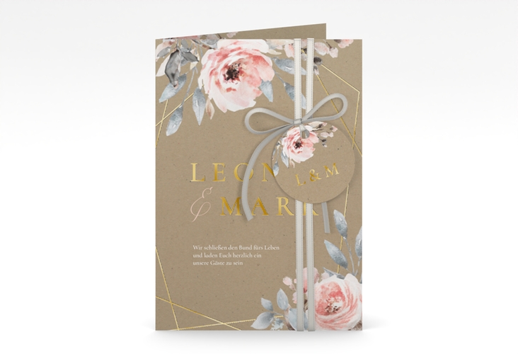 Einladungskarte Hochzeit Perfection A6 Klappkarte hoch gold mit rosa Rosen