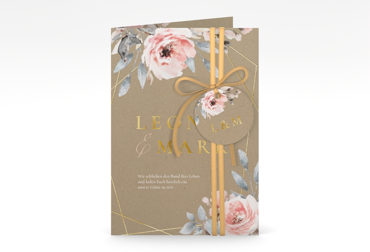 Einladungskarte Hochzeit Perfection A6 Klappkarte hoch gold mit rosa Rosen