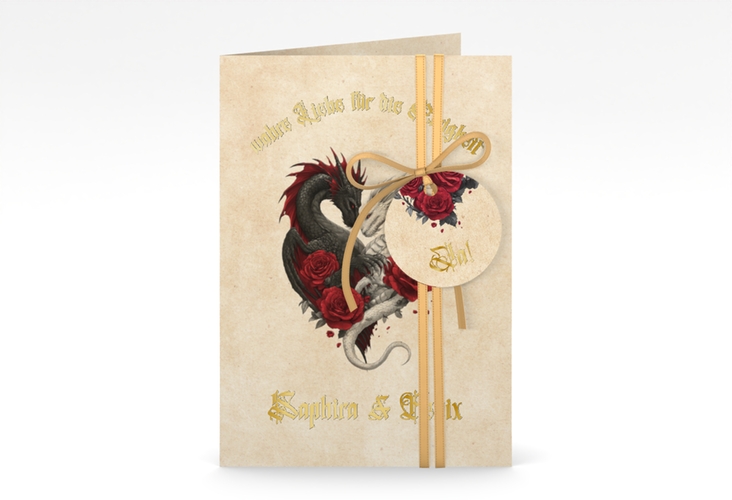Einladungskarte Hochzeit Drachenliebe A6 Klappkarte hoch gold mit schwarzem und weißem Drachen zu einem Herz verschlungen