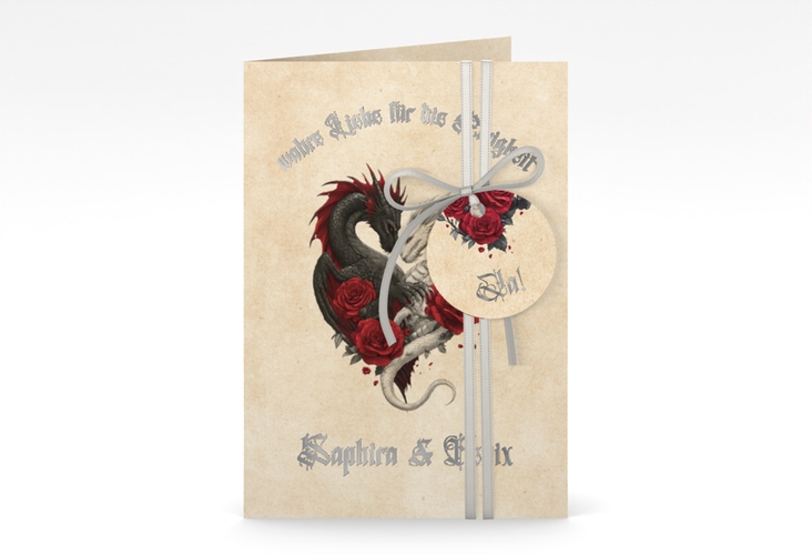 Einladungskarte Hochzeit Drachenliebe A6 Klappkarte hoch silber mit schwarzem und weißem Drachen zu einem Herz verschlungen