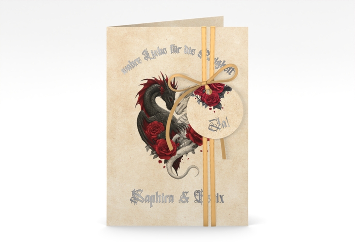 Einladungskarte Hochzeit Drachenliebe A6 Klappkarte hoch silber mit schwarzem und weißem Drachen zu einem Herz verschlungen