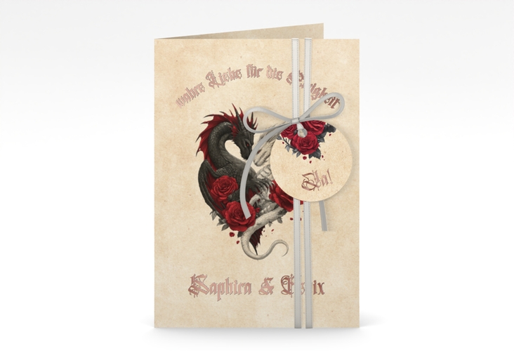 Einladungskarte Hochzeit Drachenliebe A6 Klappkarte hoch rosegold mit schwarzem und weißem Drachen zu einem Herz verschlungen
