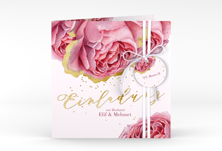 Hochzeitseinladung Cherie quadr. Klappkarte rosa gold