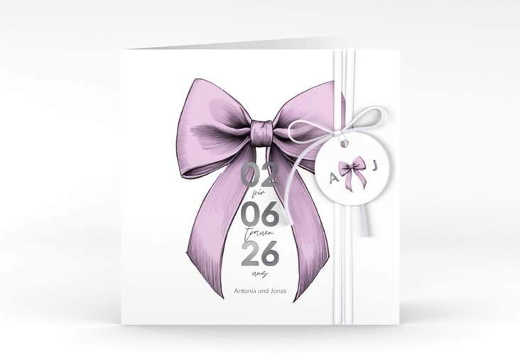 Hochzeitseinladung Schleife quadr. Klappkarte rosa silber