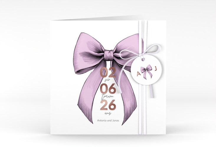 Hochzeitseinladung Schleife quadr. Klappkarte rosa rosegold