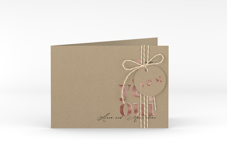 Hochzeitseinladung Oui A6 Klappkarte quer rosegold mit Ja-Wort in verschiedenen Sprachen