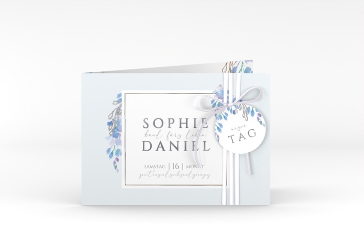 Hochzeiteinladung Blauregen A6 Klappkarte quer silber mit Wisteria-Blüten