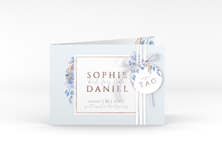 Hochzeiteinladung Blauregen A6 Klappkarte quer rosegold mit Wisteria-Blüten