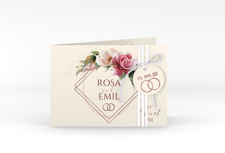 Hochzeitseinladung Rosenbogen A6 Klappkarte quer rosegold