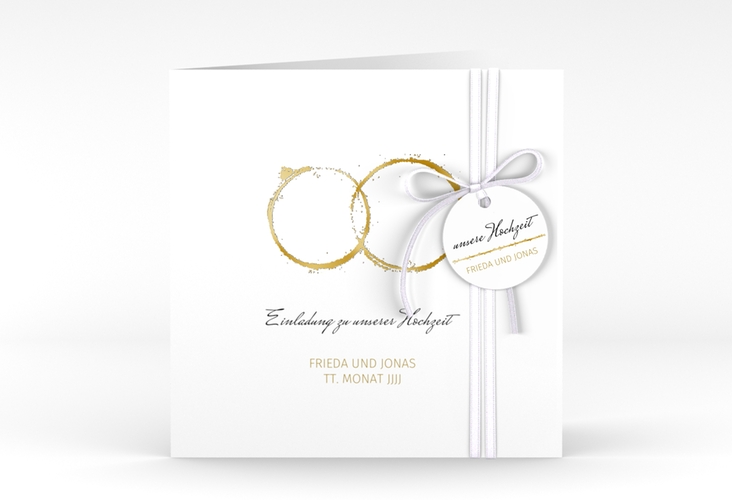 Hochzeitseinladung Trauringe quadr. Klappkarte gold gold minimalistisch gestaltet mit zwei Eheringen