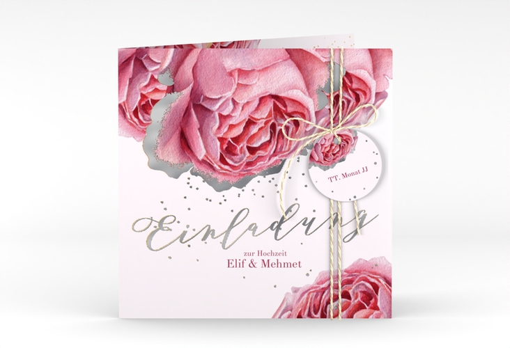 Hochzeitseinladung Cherie quadr. Klappkarte rosa silber