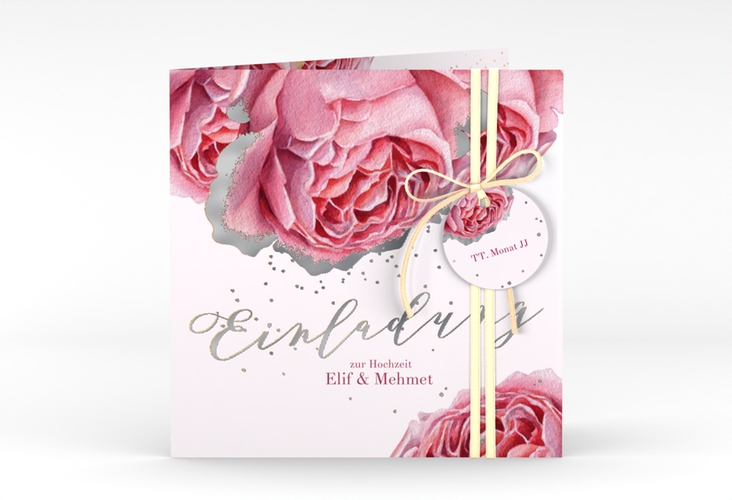 Hochzeitseinladung Cherie quadr. Klappkarte rosa silber