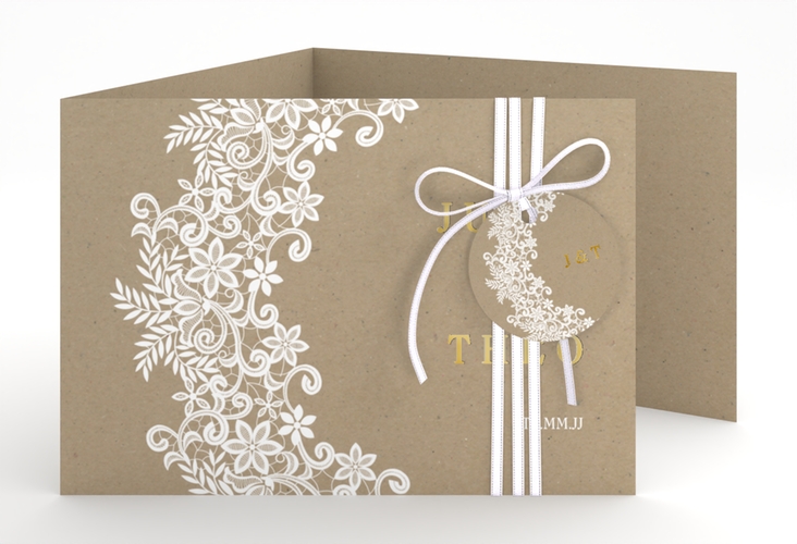 Hochzeitseinladung Mariage A6 Doppel-Klappkarte gold mit Bogen aus weißer Spitze