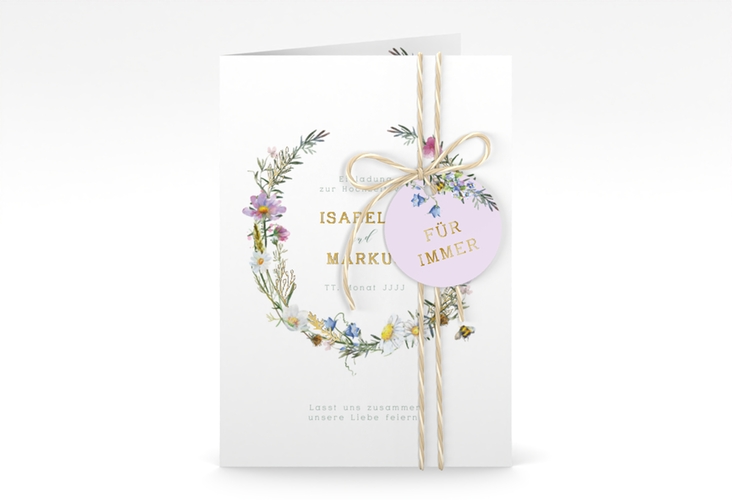 Einladungskarte Hochzeit Blumengarten A6 Klappkarte hoch bunt gold mit Blumenkranz und Hummel