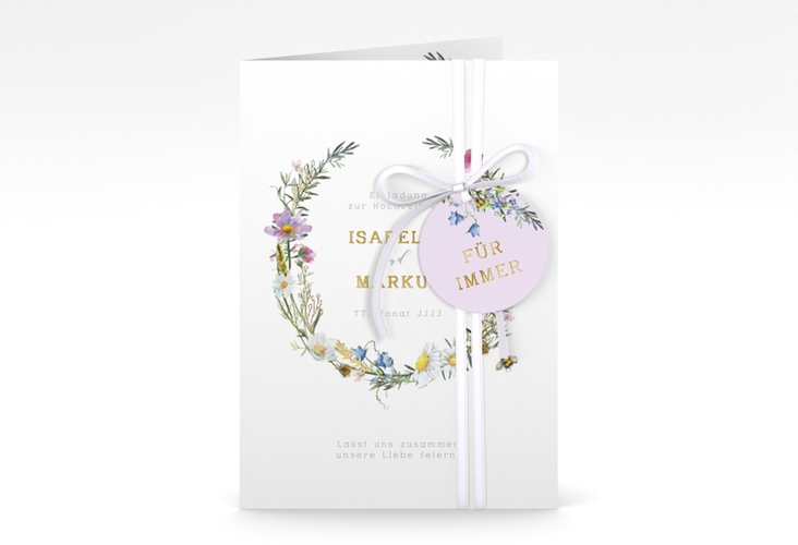 Einladungskarte Hochzeit Blumengarten A6 Klappkarte hoch bunt gold mit Blumenkranz und Hummel