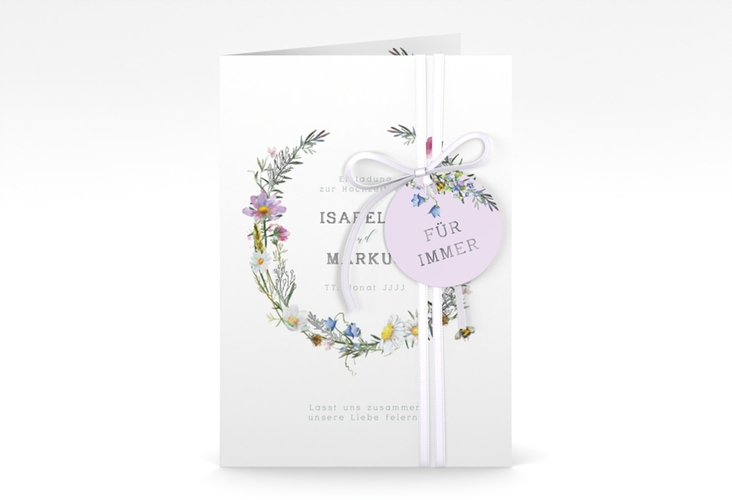 Einladungskarte Hochzeit Blumengarten A6 Klappkarte hoch bunt silber mit Blumenkranz und Hummel