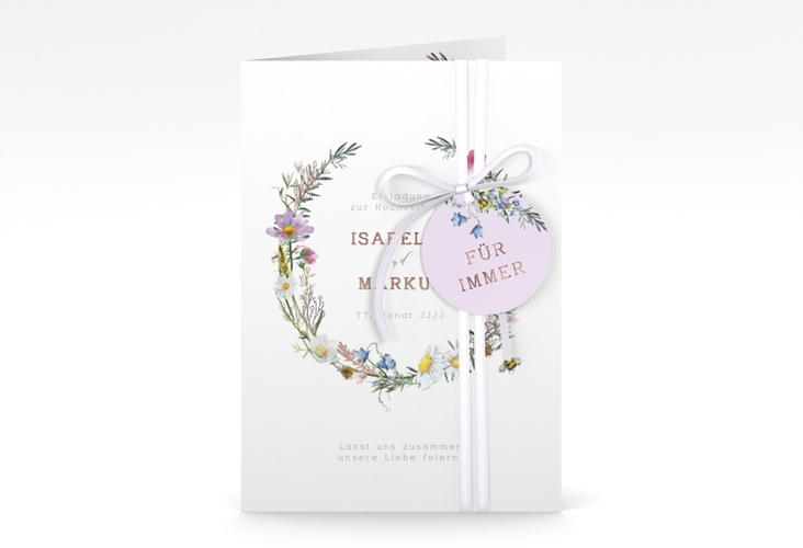 Einladungskarte Hochzeit Blumengarten A6 Klappkarte hoch bunt rosegold mit Blumenkranz und Hummel